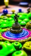 Placeholder: macro of a board game with a small spiral staircase that ends in a wild waterfall, fujifilm, behind a huge orc hand opens like a storm