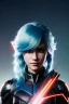Placeholder: Smirking Cyborg anime assassin, light blue hair, blue eyes, dark clothing, waist up portrait, 8k resolution, intricate details, ornate details, soft lighting, vibrant colors, retroanime, masterpiece, intricate eyeliner, dark eyeshadow, eyes, intricate tattoos, futuristic cityscape background