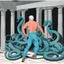 Placeholder: #5 Original Art by David Hockney (Vortex Comic, 1988): [greek god model in flesh] Trapped in a forgotten temple, a man fights against two immense serpents. his face contort in pain, muscles straining against the relentless grip. His struggle embodies resilience and the pursuit of freedom. In the decaying ruins, his defiance resonates deeply. With unwavering determination, he refuses to yield. Bound by an unbreakable bond, he draw strength from each other. his battle echoe
