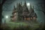 Placeholder: one Wednesday Adams, scary house , pointy roof, dark forest, room Escher style