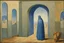 Placeholder: an open Arab gate in a blue-tiled wall with a view of an old city by artist "Rene Magritte",by artist "Leonora Carrington"