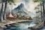 Placeholder: fantasy watercolor painting of an elf village at the edge of an ominous dark forested hill the the shore of a large lake. with round buildings embedded in tree trunks. small dock along the lakeshore.