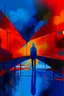 Placeholder: Bridge, with a blue abstract background, a bright blue man standing in the middle of the background, in the style of dark red and light orange, conceptual album art, celestial, soft and dreamy depictions, emancicore, mind-bending murals, light crimson and gold, rough painting