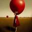 Placeholder: A girl talking to à red balloon, in a field, in the style of Margaret Keane