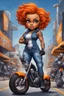 Placeholder: airbrush illustration of the chibi cartoon character, a voluptuous black female in a blue jean outfit with biker boots. Her prominent makeup and hazel eyes, along with her detailed orange pixie haircut, are featured in this image, set against the background of a lively bike show.