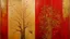 Placeholder: Diptych painting, two vertical panels, rich crimson red background. Abstract landscape, divided into sections with muted gold/tan elements. Vertical, dark, stylized tree forms dominate each panel, with varied brushstrokes creating texture. Small, realistic pears are placed on the lower right panel. One panel includes an abstract bird’s nest, a central light ochre area. Faint shapes resembling silhouettes of hills or mountains are seen in two upper sections. Soft, diffused light suggests a contem