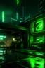 Placeholder: pos-apocalyptic cyberpunk city, a plubicity showing the number "2222", illuminated green neon, dark, high contrast