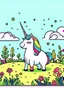 Placeholder: kids illustration, a cute unicorn playing in field, cartoon style, thick line, low details, vivid color