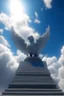 Placeholder: fluffy clouds, closeup portrait of winged seal soaring like an angel through the clouds with a blessed smile, staircase with closed gates of heaven, 4 k, down light, depth of field, trending art, high detail