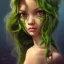 Placeholder: alien girl, cute, beautiful, long hair, curly hair, black hair, slim body, brown eyes, big eyes, green skin, turquoise dress, head and shoulders portrait, fantasy, 8k resolution concept art portrait by Greg Rutkowski, Artgerm, WLOP, Alphonse Mucha dynamic lighting hyperdetailed intricately detailed