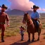 Placeholder: Walter White army and his family with a cowboy fight, 8k, realistic body, with a fedora, sunset background,