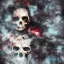 Placeholder: abstract photographic camera mixed with skull in dirty style. fog and smoke in atmosphere. bokeh, lens flare. Dark mood. Dripping paint. oil on canvas, mixed media, high detailed.