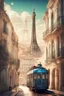 Placeholder: Lisbon city view in fantasy style with famous tram and eiffel tower in background, art deco influence