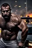 Placeholder: close up photography of a 39 year old dirty burly strong angry stocky turkish mechanics wet sweat, bullneck, short curly beard, short hair manly chest, white boxer, inside a car demolition parking lot, misery and poverty, open legs, photorealistic, look at camera, neon side light, very detailed , view from the ground , ambient occlusion