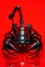 Placeholder: Black scorpion in red light reflecting in their cybernetic enhancements.red and yellow background