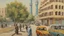 Placeholder: a modern street in Tehran with a tower. painting