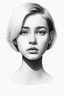 Placeholder: A realistic drawing in negative space black ink on white background of a beautiful front view of a young girl with clear white face, all picture is bright white. With very short French style cut hair