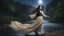 Placeholder: Hyper Realistic Photographic View Of A Beautiful Young Pashto Woman With Beautiful Long Black Hair Whirling, Wearing Beautiful Beige Dress With Navy-Blue Embroidery And White Dupatta Happily Standing On River Water, In A Jungle Riverside With Beautiful Waterfall From Mountain With Full Moon Night With Long Grass Whirling From Cold Breeze And A Shooting Star Along With Fireflies Around Her Showing Dramatic And Cinematic Ambiance.