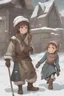 Placeholder: DnD style, two medieval peasant kids playing in the snow male and female, age 14 and 15, happy and playful