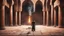 Placeholder: Hyper Realistic back-view of few throwing-sword on a man praying namaz in prehistoric-ancient-brick-mosque-with-ancient-islamic-architectural-patterns-crafted & flame-torches-on-wall showing dramatic & cinematic ambiance