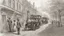 Placeholder: industrial steampunk street with cobbled pavement, steam cars, people, trees