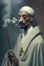 Placeholder: Snoop Dogg vestido de cura fumando puro y bastón en la mano