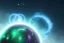 Placeholder: cosmos, metallic sky stars, sky blue light, blue light, green moons with neon rings, 8k resolution, detail