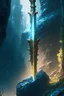Placeholder: a legendary sword made of the purest mineral stuck in a stone on a hill, forest in the backgrownd, HD resolution, dark fantasy concept art, by Greg Rutkowski, dynamic lighting, hyperdetailed, intricately detailed, Splash screen art, trending on Artstation, deep color, Unreal Engine, volumetric lighting, blue and gold complementary colours