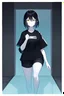 Placeholder: Girl, portrait, beautiful, dramatic lightning, volumetric light, face, 160cm, black hair, hair with purple highlights, pale skin, bright green eyes, bruising under the eyes, big baggy black t-shirt, shorts, depressed, dark room, full body