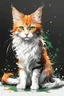 Placeholder: Splash illustration of a beautiful cat with long, wavy, thick hair, pointed ears, bright green eyes, orange, black and white colors, ultra quality, (((full body))), sitting on the floor