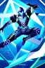 Placeholder: neon blue, flying parts of armor in form of triangles, cyber armor, geometric patterns on armor, male, orbiting triangle