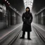 Placeholder: A middle aged Asian man with long hair and a black trench coat waiting for a woman at a train station in London