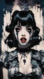 Placeholder: Poster in two gradually, a one side malevolent goth vampire girl face and other side the Singer Melanie Martinez face, full body, painting by Yoji Shinkawa, darkblue and sepia tones,