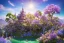 Placeholder: flowering tree house,on the mountain, sun,swanns,waterfall, BLUE LAKE, SWANNs,fuksia bugainvillier flowers, jacaranda violet trees, sky pink blue, full of details, smooth, bright sunshine，soft light atmosphere, light effect，vaporwave colorful, concept art, smooth, extremely sharp detail, finely tuned detail, ultra high definition, 8 k, unreal engine 5, ultra sharp focus