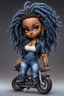 Placeholder: create an airbrush illustration of a chibi cartoon voluptuous black female wearing a blue jean outfit with biker boots. Prominent make up with hazel eyes. Extremely highly detail of a twisted dreadlocks. Background of a bike show.