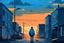 Placeholder: cartoon image: a blue street standing alone with a muted sunset in the background