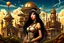 Placeholder: exotic sci-fi steampunk pin-up girl, with long dark hair with bangs, on an alien planet with cloud trees, tall spires, buildings, bridges, arches, photorealistic