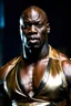 Placeholder: Adewale Akinnuoye-Agbaje x morris cheshunt as a handsome dark skinned and muscular heavy set man with a bald head and neatly trimmed beard. he is wearing a leather waistcoat and no shirt. he has a gold earing in his left ear. he has a angry expression on his face