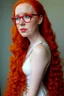 Placeholder: simone simons, curly, redhead, glasses on, beauty dress