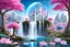 Placeholder: wanderful fairy and cosmic panorama with white castle, blue sky, pink trees,, big waterfall in the lake, lotus flowers, butterfly, spaceships