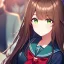 Placeholder: Clear focus,High resolution, Brown long fluffy hair, long bangs, and green eyes, Depressed girl, wearing a sailor uniform, frowning, red bow, Extreme Close up