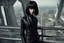 Placeholder: girl wearing black leather, shoulder-length bob, with fringe, in a science fiction building leaning over a balcony, looking at a large city