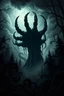 Placeholder: dark forest, black metal style, sorrowful, gloam, misty, and bleak, comic book style shadowy claw from the clouds, tentacles surrounding