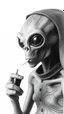 Placeholder: Get An old picture style of black and white mono very bad quality looks very old camera picture of an alien smoking a marijouna , all white background , year 1900