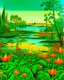 Placeholder: Green wetlands with fiery orange lilies designed in Scandinavian folk art painted by Salvador Dali
