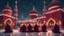 Placeholder: Hyper Realistic Photographic-View of few men praying outside a Huge-Beautifully-Crafted-Maroon-Mosque decorated with garland-lights & lamps between an island with ocean-water-waves & mountains around at snowfall-night with dramatic-&-cinematic-ambiance