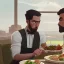 Placeholder: Two man sitting at the dining table eating an extremely healthy meal of fresh Whole Foods