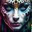 Placeholder: candy leopard, portrayed with the intricate facial features and extremely detailed pupils characteristic of Stefan Gesell's style, blended with the elongated forms and dramatic chiaroscuro reminiscent of El Greco, conveyed through a light painting technique with push processing, incorporating holographic elements for a dreamy, vibrant effect, soft skin texture, clarity achieved, supporting a perfect composition, cinematic atmosphere, delicate detail