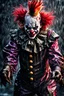 Placeholder: ultra detailed and highly realistic image of a gothic, scary clown, close up of him standing in the rain, the rain messed up his face makeup as it smudged of his face, chaotic, dramatic upclose view, 32k, splatter paint style