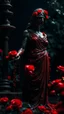 Placeholder: The statue of Justice, dripping with blood, wears a red blindfold. She carries a scale full of blood-red flowers, and poppies grow from underneath her and climb up the statue. Dark garden background. Dark garden background cinematic.